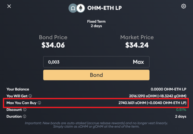 You can only purchase up to a certain amount of OHM